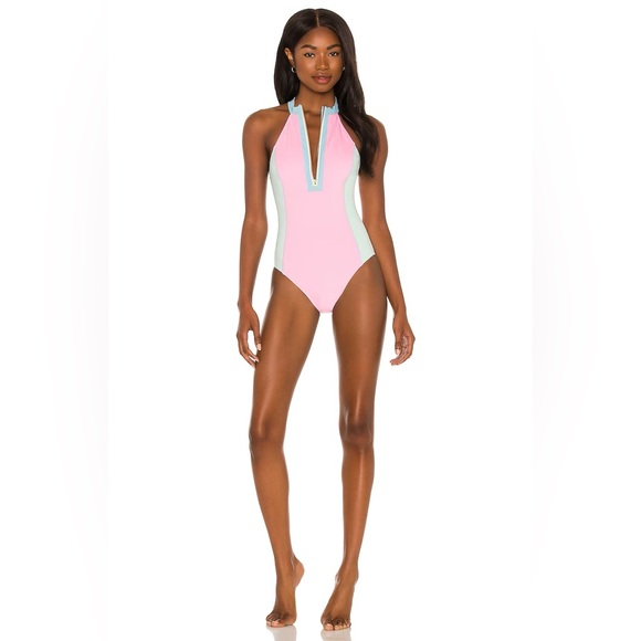LoveShackFancy x Hurley Max Colorblock Halter Zip High Cut One Piece Swimsuit - Picture 9 of 16